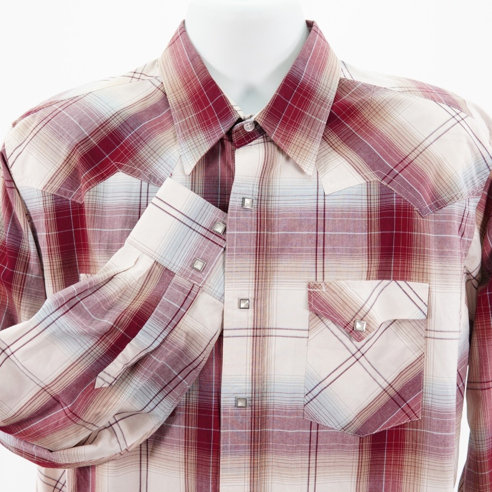 Wrangler Men's XL Tan Red Western Wear Pearl Snap Collared Dress Shirt Pocket Fr